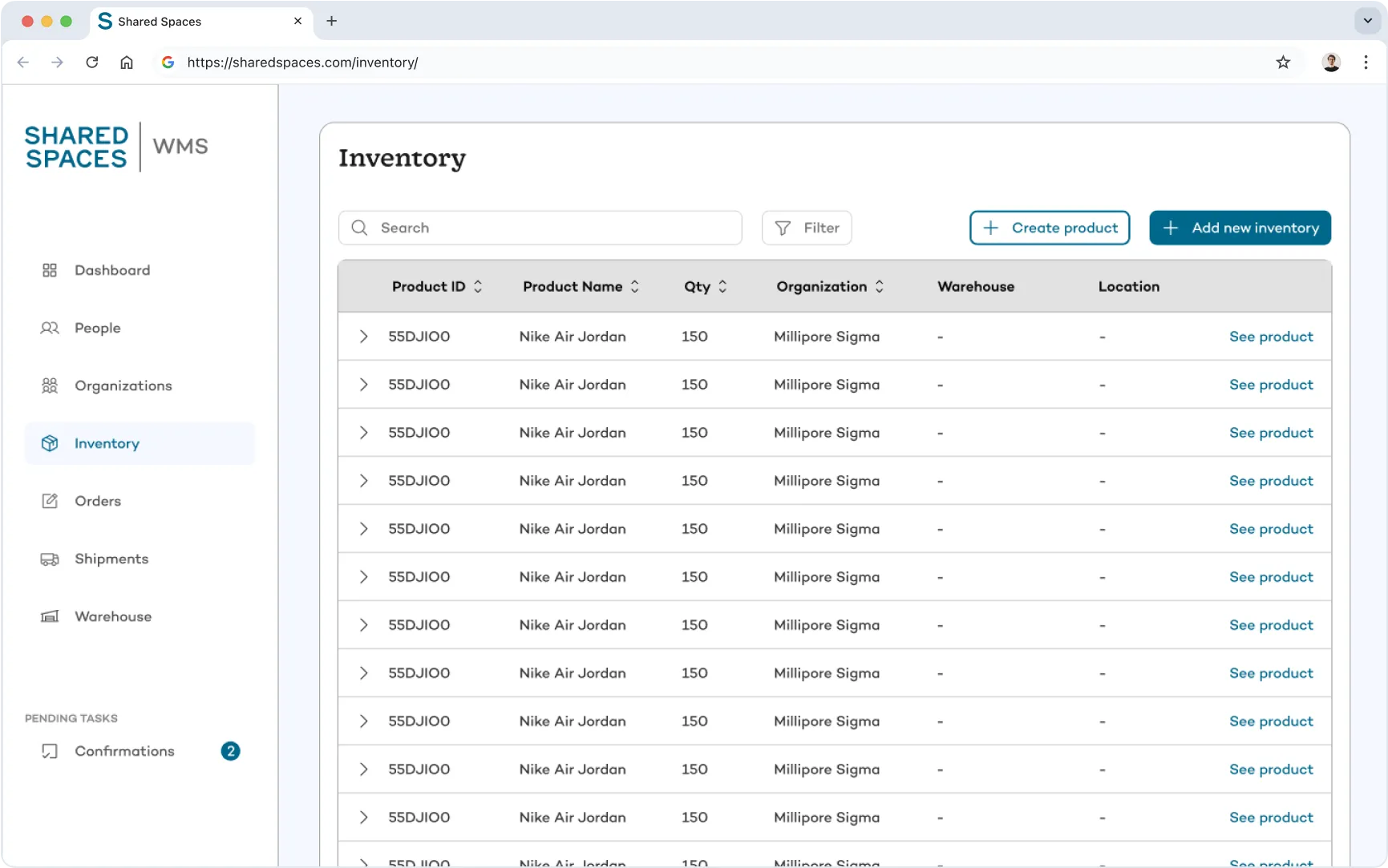 Inventory management dashboard in Shared Spaces platform displaying searchable product list with product IDs, quantities, organizations, and location assignments.