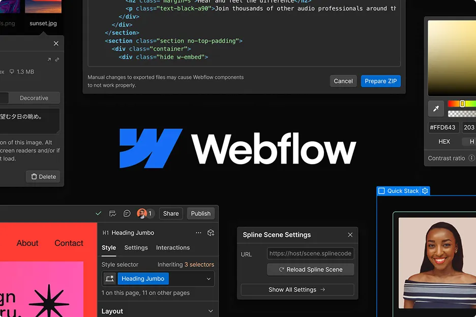 Webflow logo surrounded by interface elements.