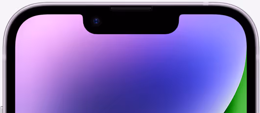 Obere Vorderseite eines Smartphones mit einer Notch, die Kamera und Sensoren enthält, auf einem Farbverlaufshintergrund von Violett zu Blau und Grün.