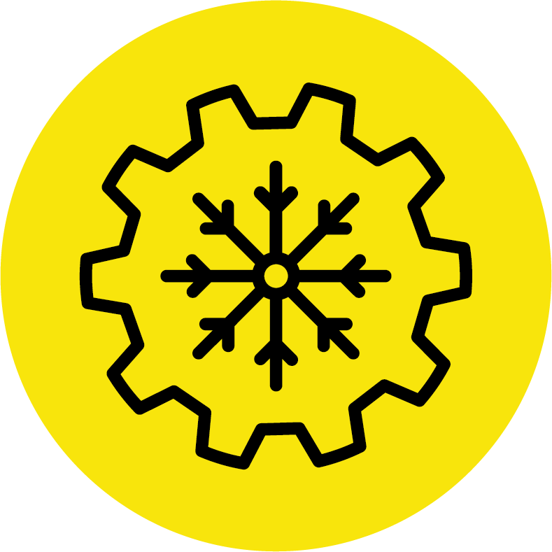 Ein Zahnrad in der eine Schneeflocke dargestellt wird. 