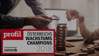 Im Hintergrund sieht man zwei Personen die einen Stapel aus Holzklötzen bauen. Darüber ist das Logo für Wachstumschampions 2018.