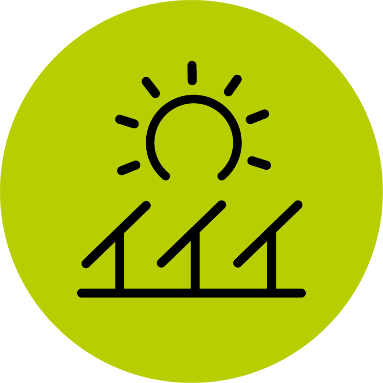 Eine Grafik mit Sonne und Photovoltaik Anlagen