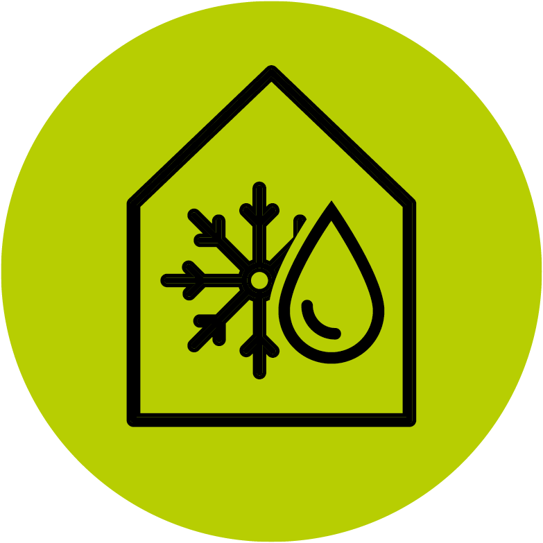 Ein Grafik von einem Haus in dem eine Schneeflocke und ein Wassertropfen ist