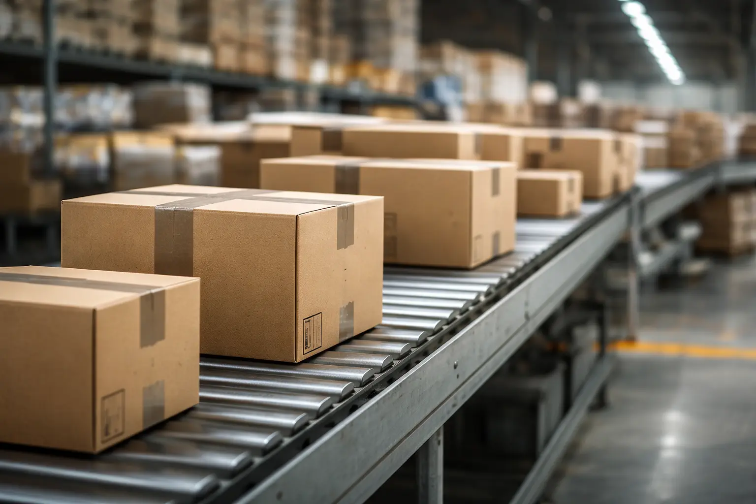 Operación logística de ecommerce con cajas en almacén y sistema de distribución desde China