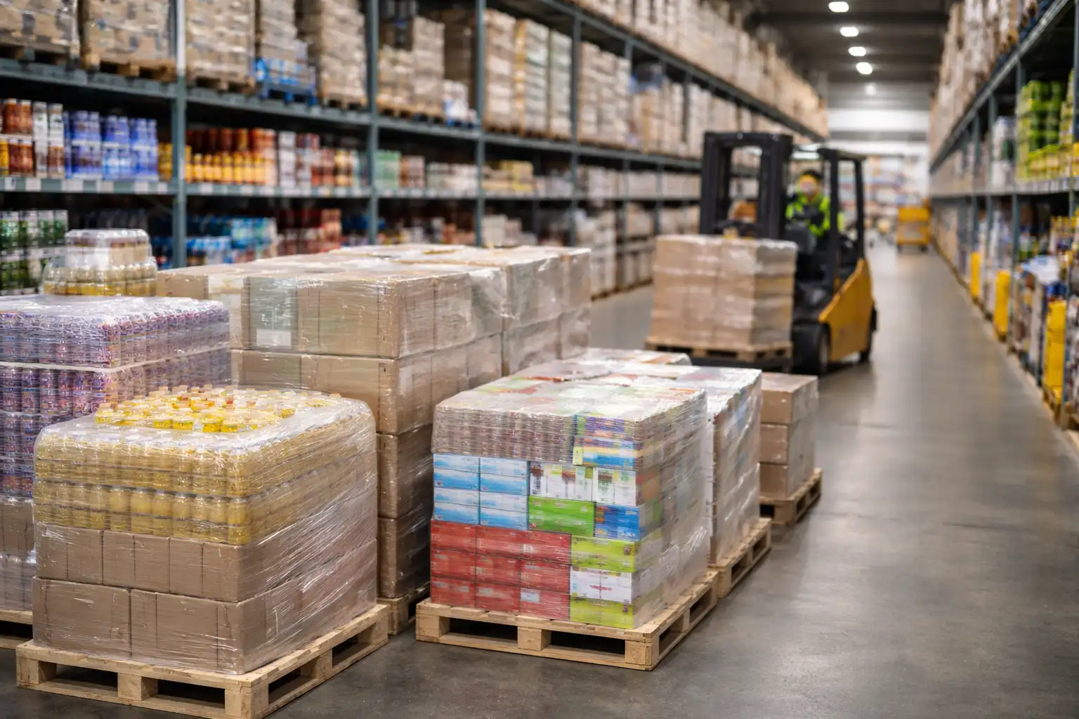 Operación logística para abastecimiento de supermercados con pallets de productos en almacén y distribución desde China