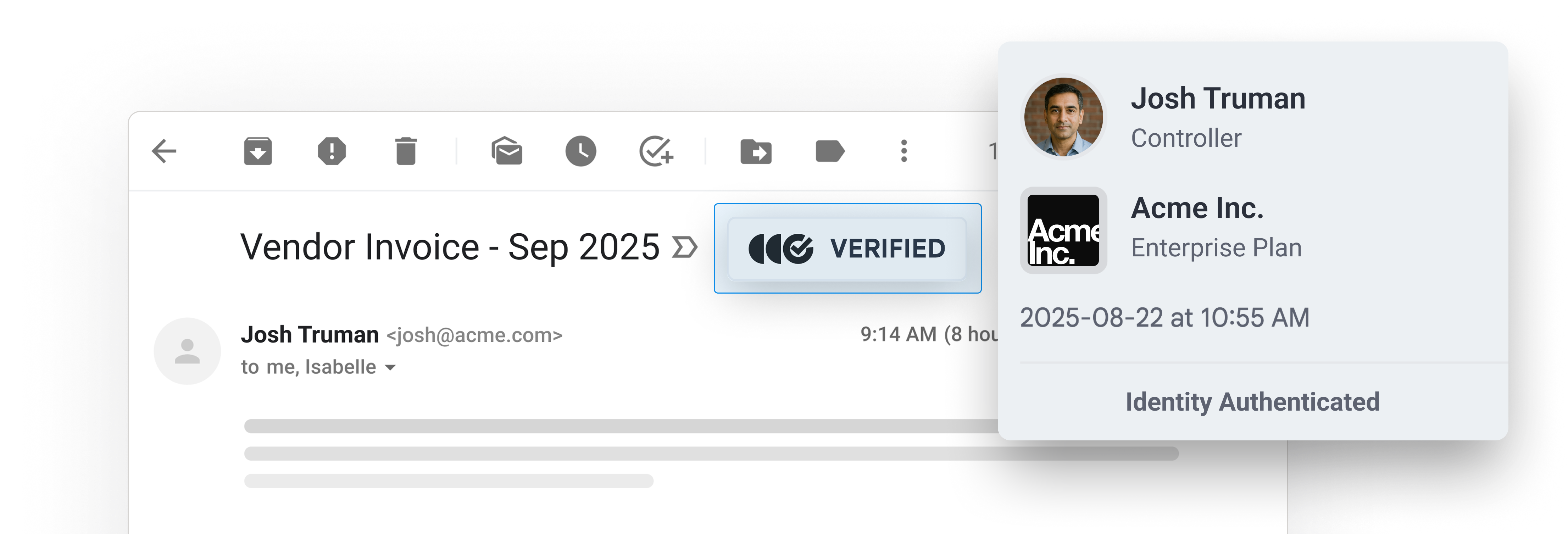 Outtake Verify email interface displaying verified badge on authenticated message - showing how recipients can instantly confirm legitimate sender identity