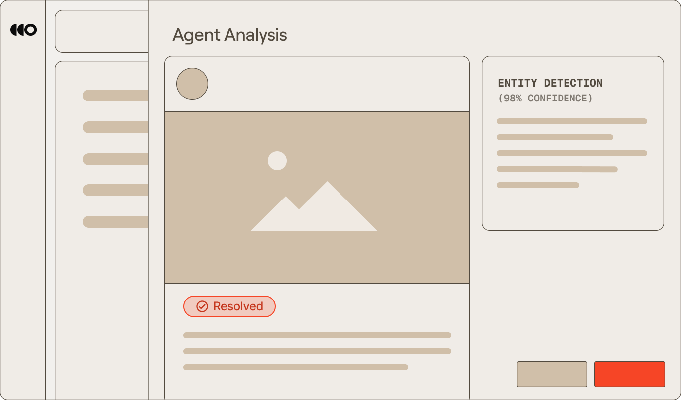 DRP interface displaying AI agent reasoning process and entity detection results - showing how Outtake identifies and classifies digital threats through intelligent analysis