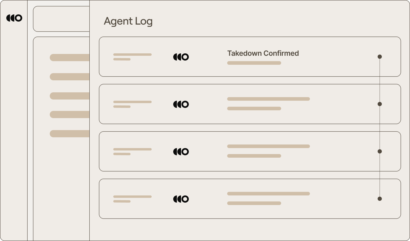 uttake DRP user interface displaying agent activity log with successful takedown confirmation - showing end-to-end automated threat response workflow