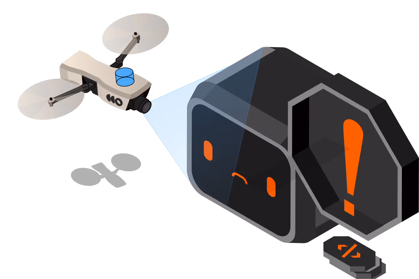 Illustration of a drone with two propellers projecting a blue light onto a large dark block with a sad face and an orange exclamation mark inside a tray below it.