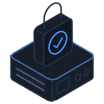 Dark 3D illustration of a device with a check mark on a glowing screen.