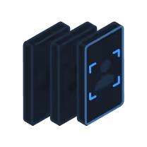 Three stacked dark transparent cards with a blue focus frame on the front card.