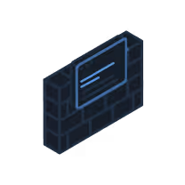 Isometric illustration of a dark brick wall with a blue-lit rectangular digital screen or panel.
