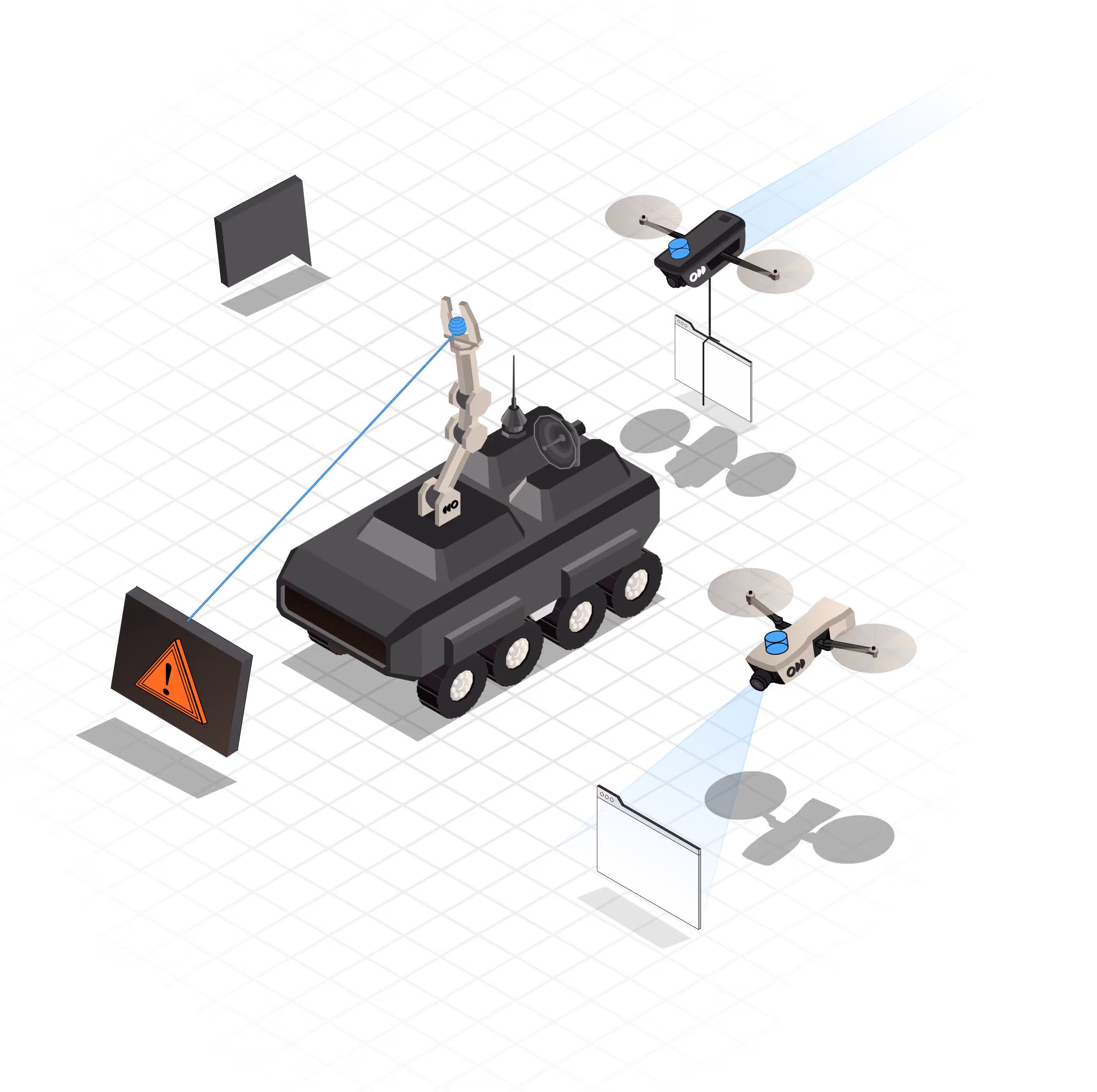 Illustration of a black robotic vehicle with six wheels and a robotic arm inspecting a warning sign, alongside two drones scanning web pages with blue light beams on a grid background.