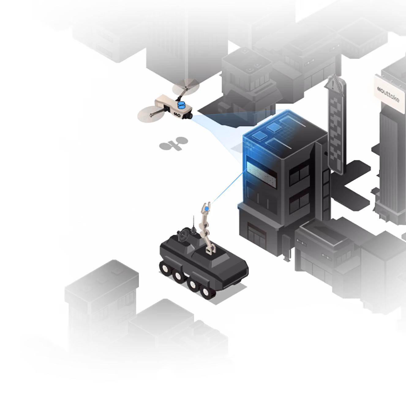 Illustration of a drone hovering over a cityscape scanning a building, with a robot on a tank-like vehicle connected to the drone's scan by a blue line.
