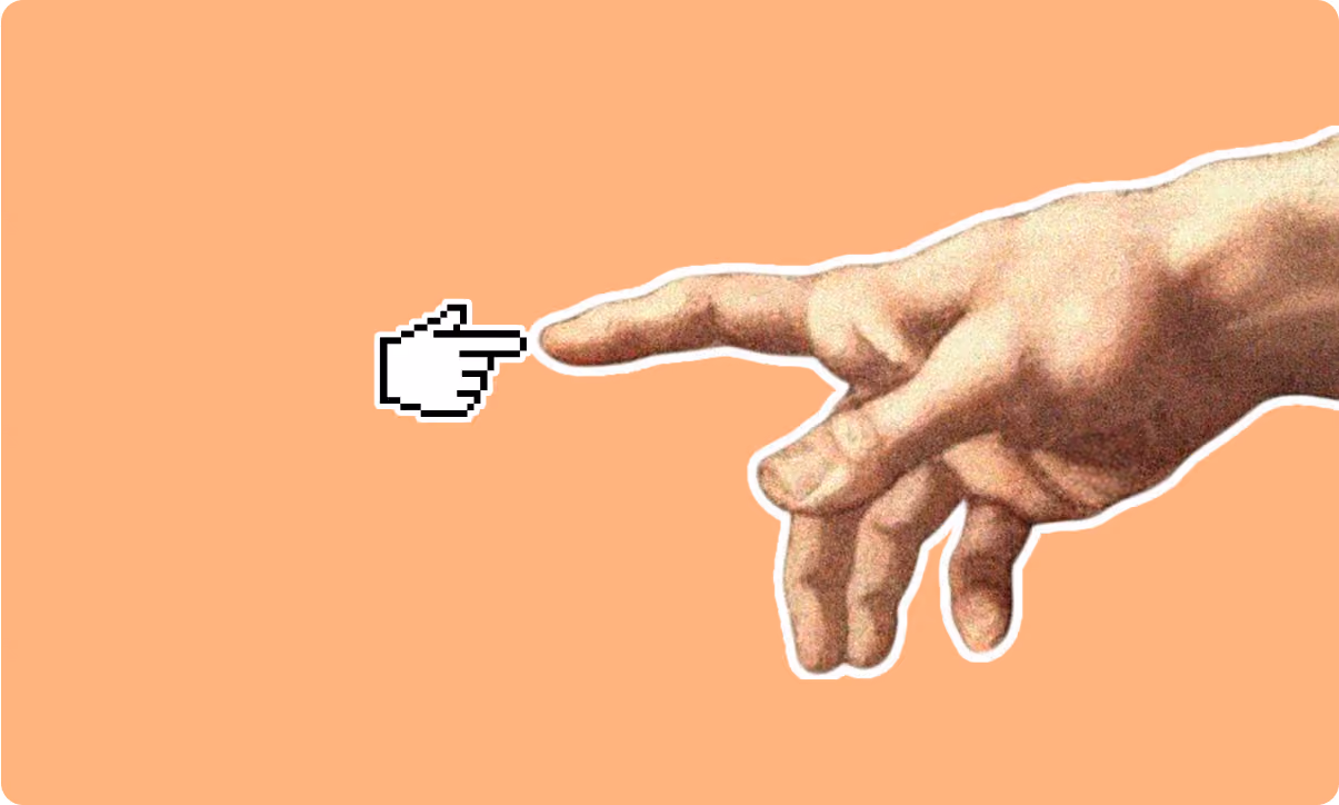 Pixelated cursor hand touching a classical painting hand.