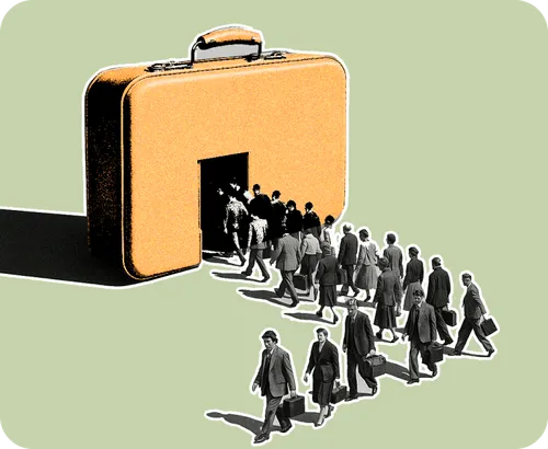Businesspeople walking into a giant suitcase.