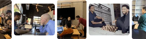 Team members at Filed working, socializing, and collaborating in different settings.