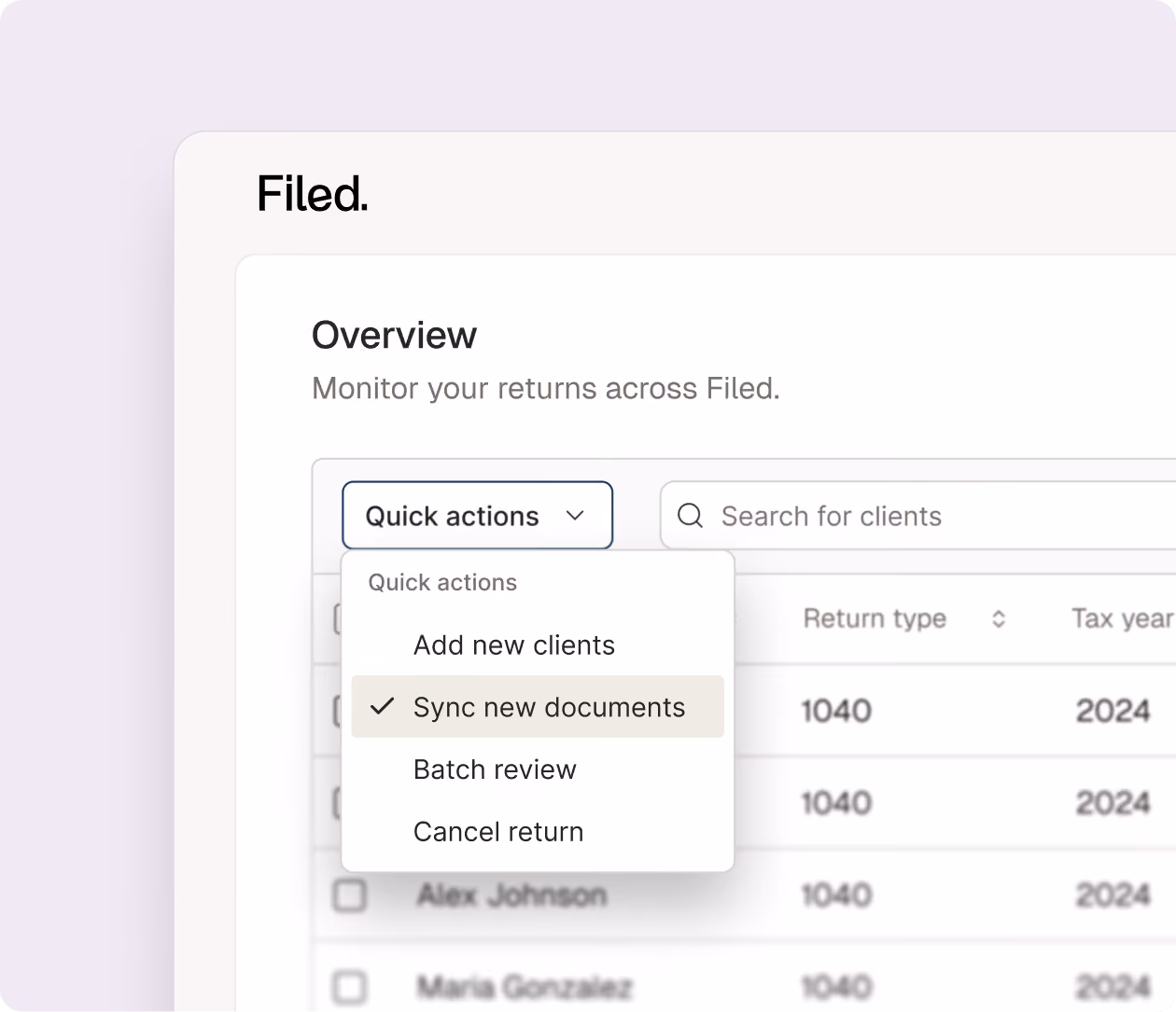 Software interface showing Filed dashboard with quick actions menu and client tax return list for 2024.