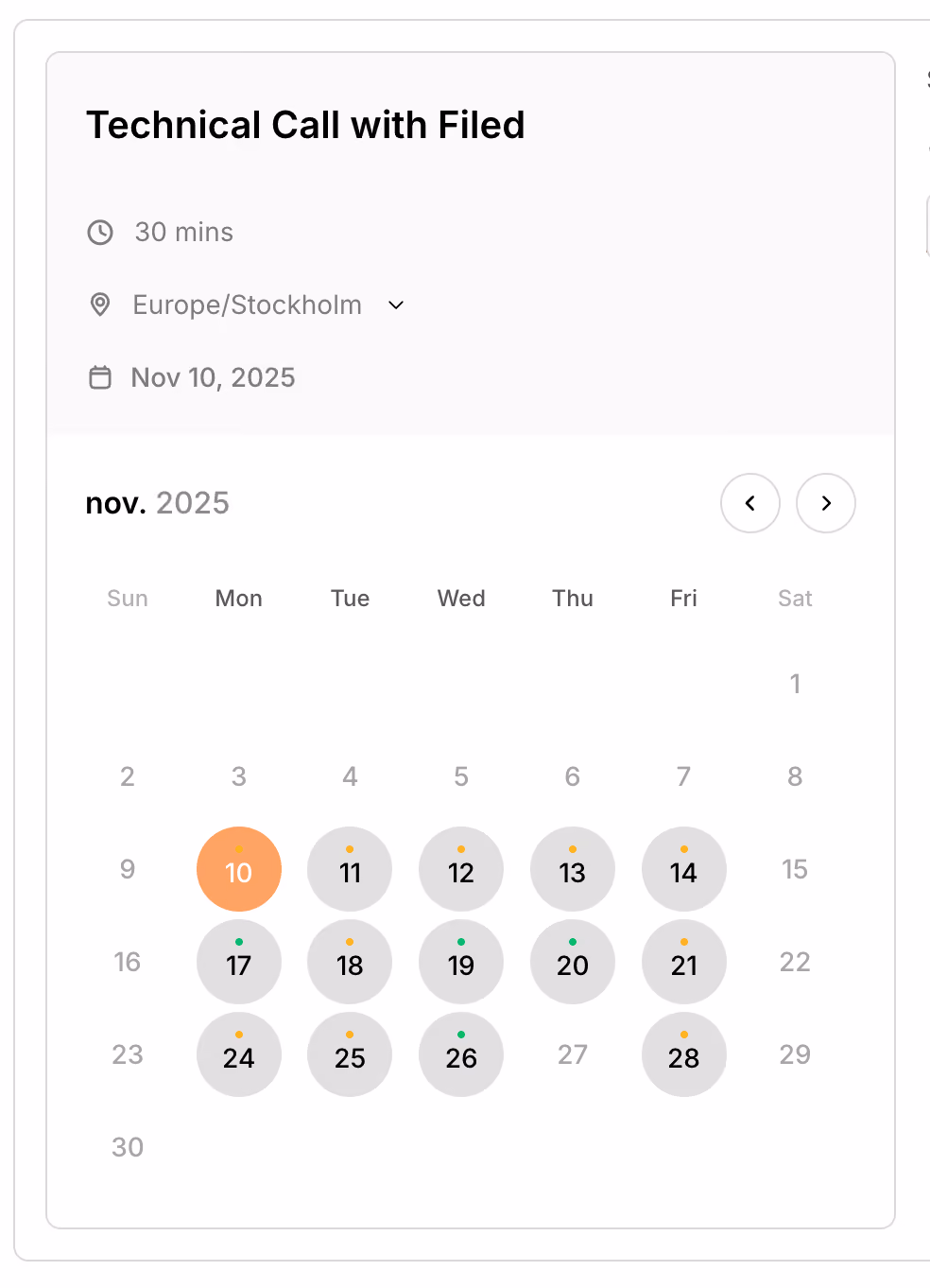 Calendar showing 'Technical Call with Filed' for 30 mins on November 10, 2025, Europe/Stockholm time.