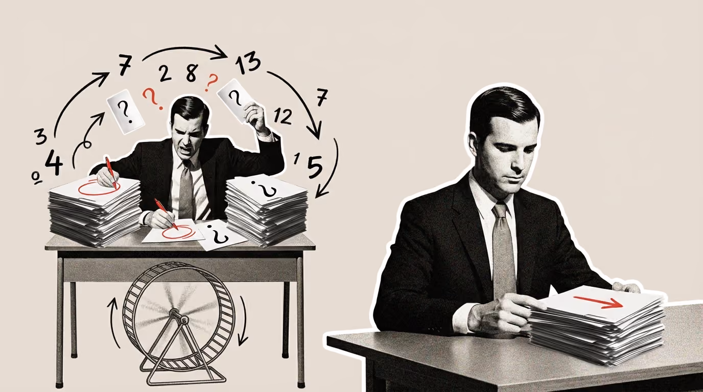 Two men at desks working with stacks of papers; one is frustrated with marked piles, the other organized with an arrow.