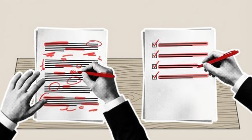 Two hands editing documents with red pen: one marking text, the other checking off a list.