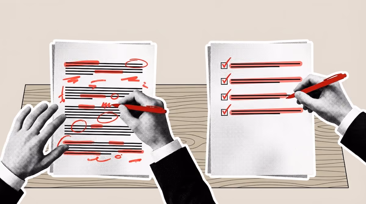 Two hands editing documents with red pen: one marking text, the other checking off a list.