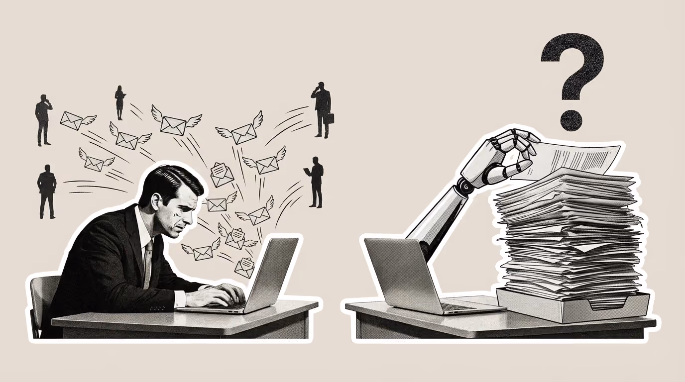 Man typing on laptop with flying mail icons and robot hand reaching for a tall stack of papers with a question mark.