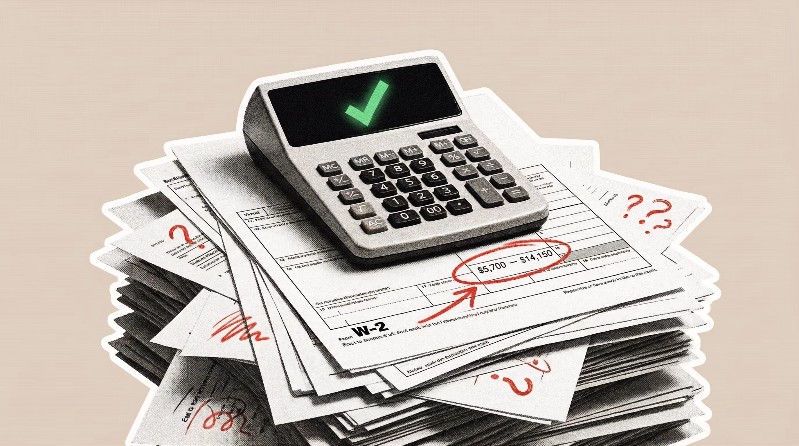 Calculator with green checkmark on top of papers marked with red question marks and circled $5,700-$14,150 range.