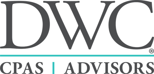 DWC CPAS Advisors logo with black text and teal line and divider.