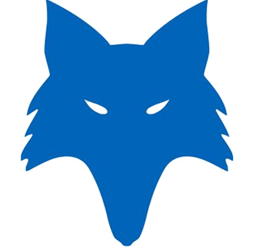 Blue stylized fox head logo with sharp ears and eyes.