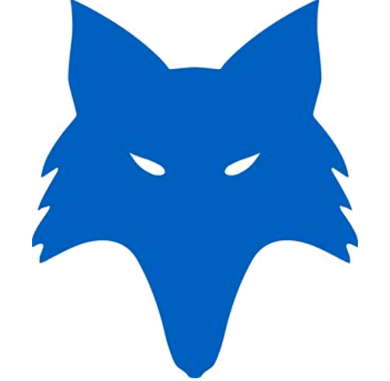 Blue stylized fox head logo with sharp ears and eyes.