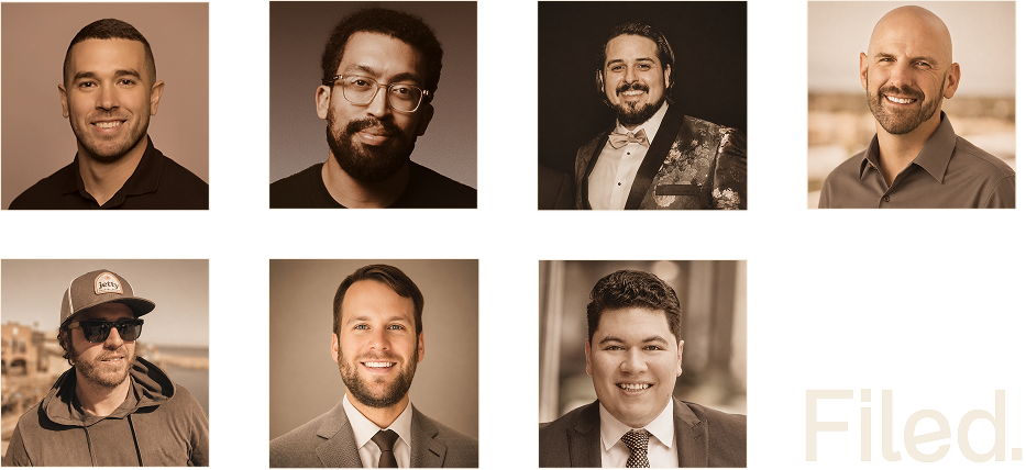 Portraits of seven diverse men in casual and formal attire smiling against a neutral background.