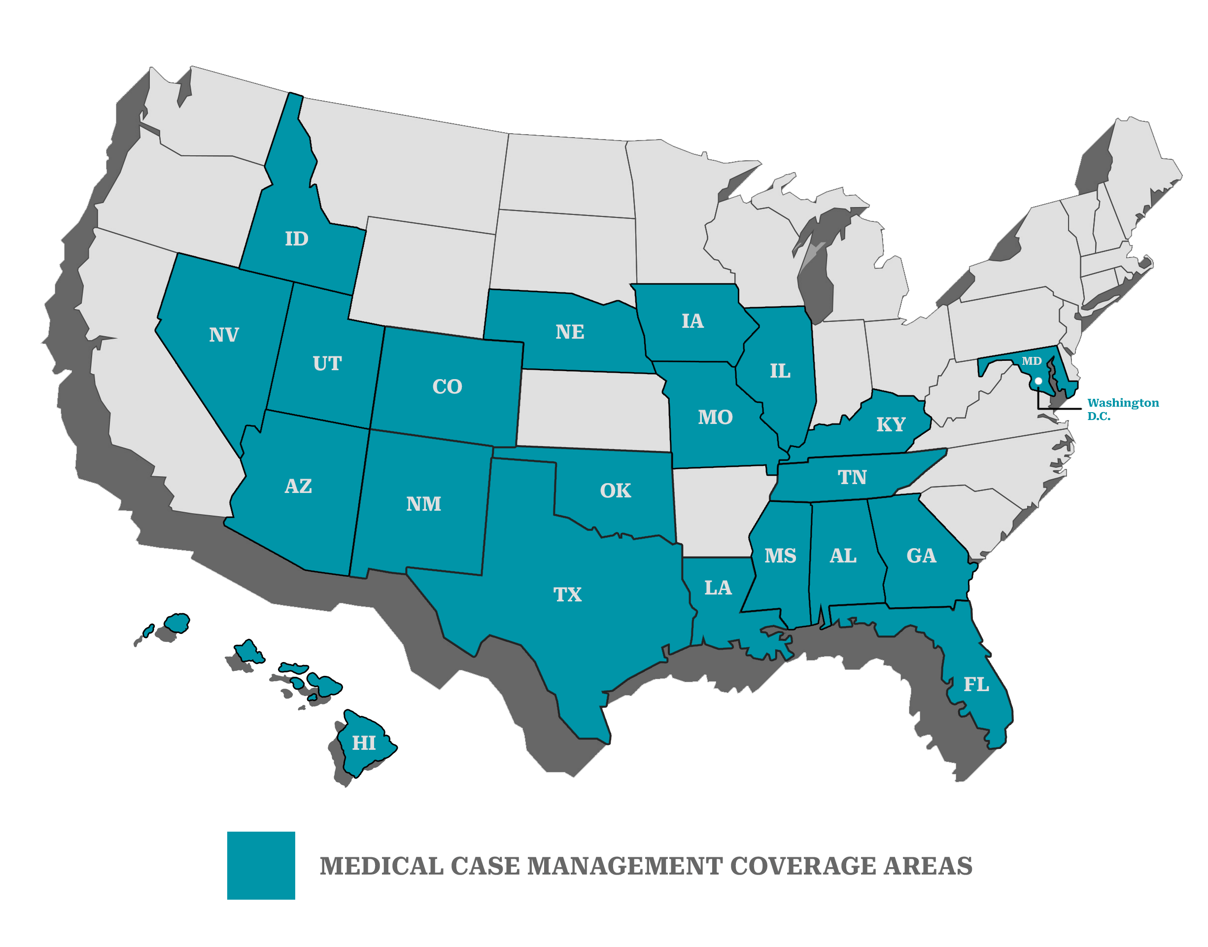 Map of the United States highlighting states with medical case management coverage areas in teal.