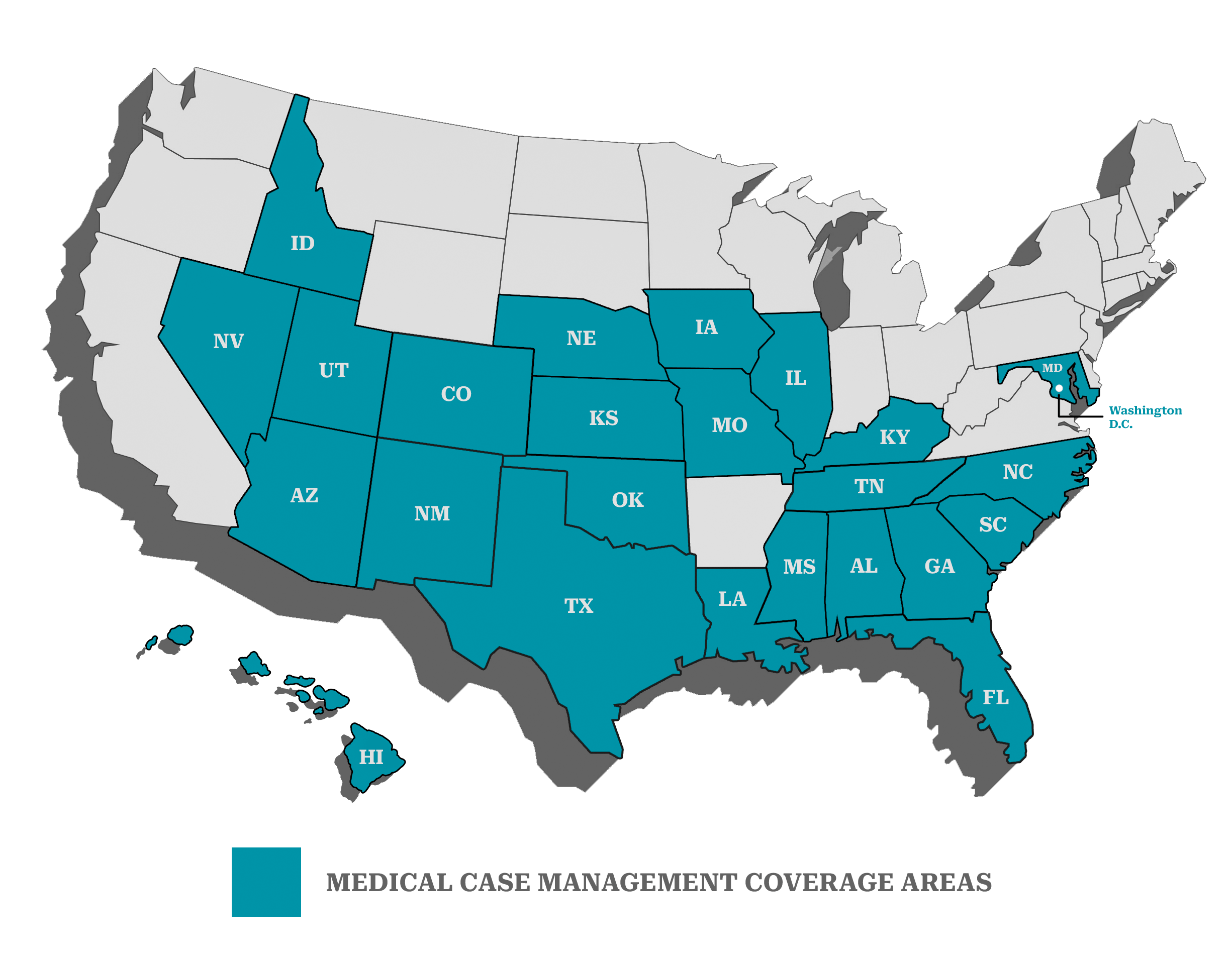 Map of the United States highlighting states with medical case management coverage areas in teal.