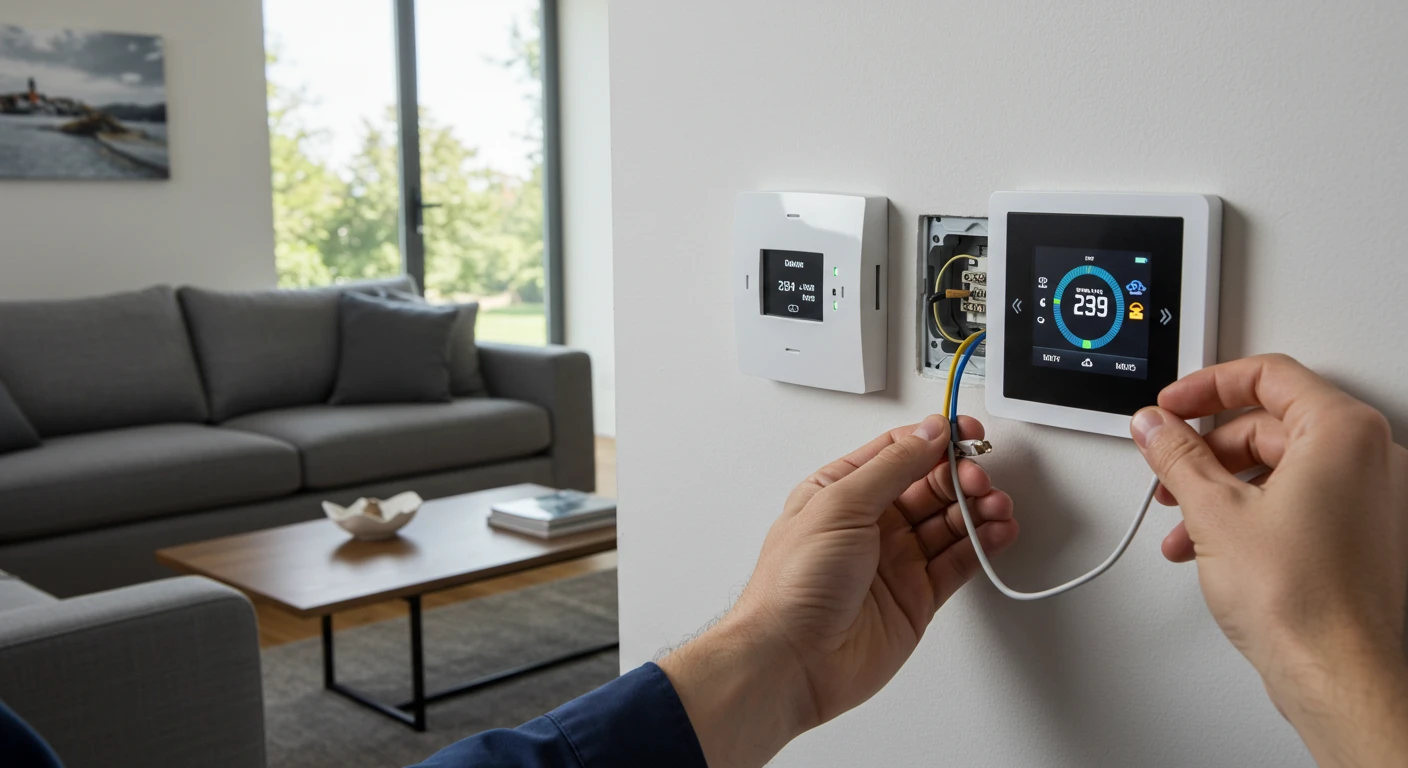 Hands connect wires to a smart thermostat.