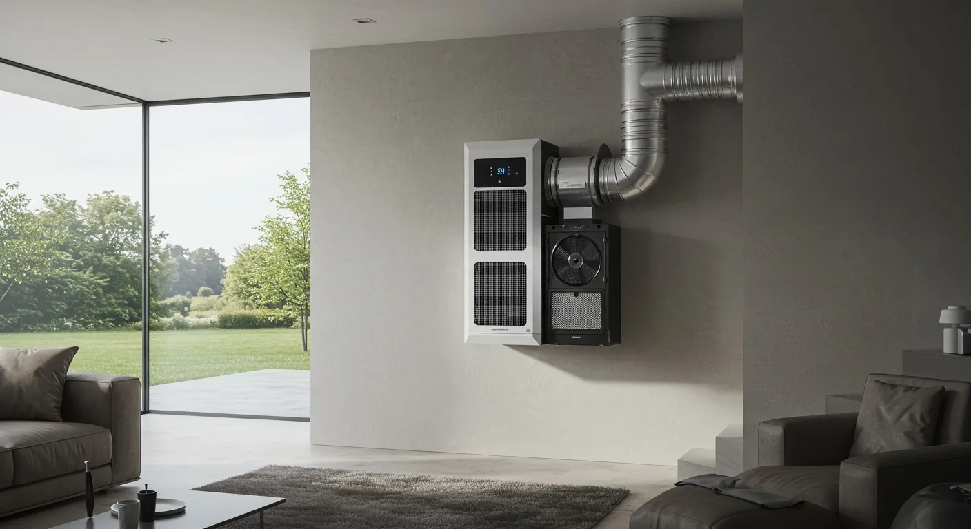 Indoor air filtration system with exposed ductwork.