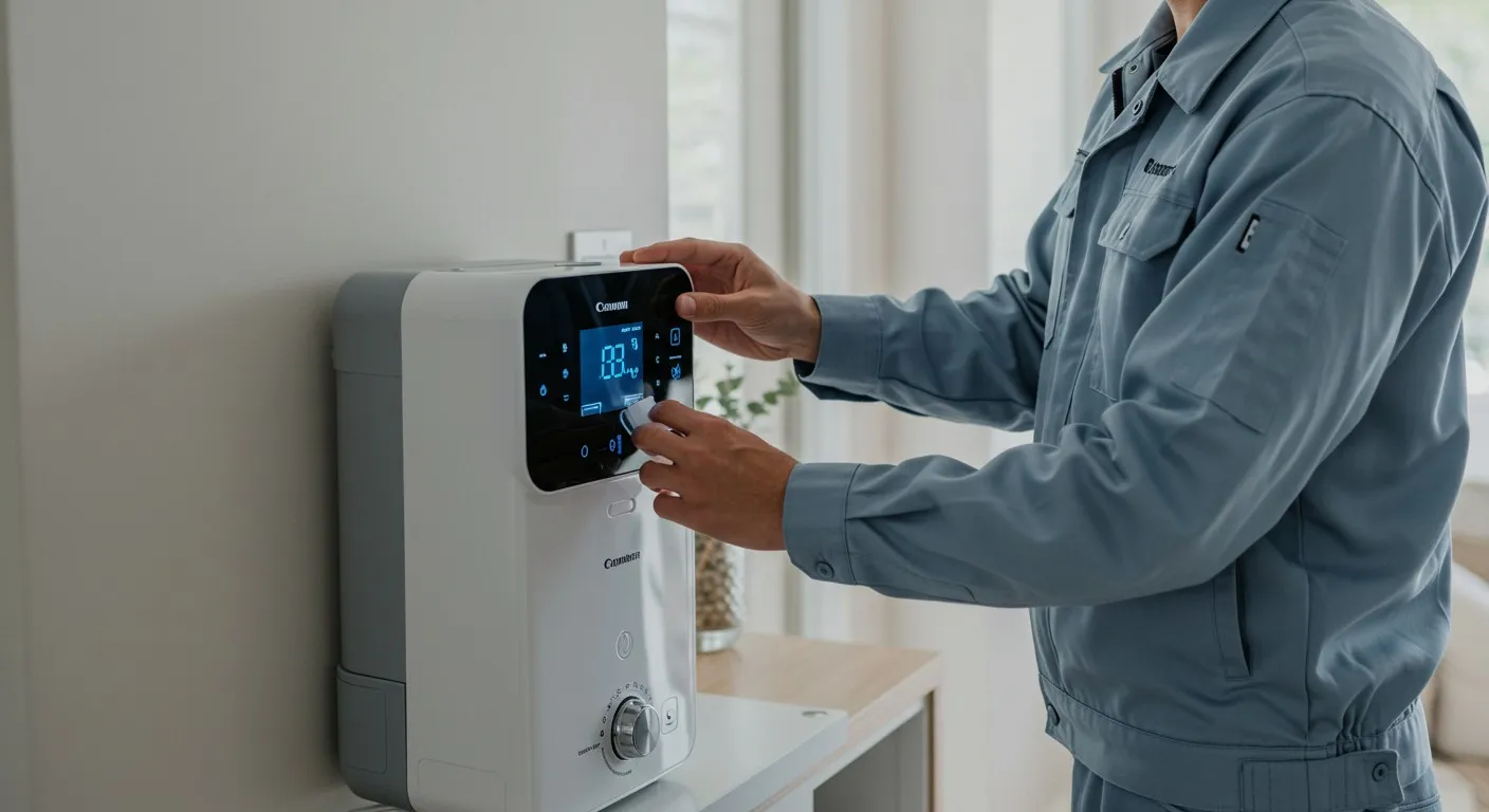 Man adjusts controls on a modern humidifier.