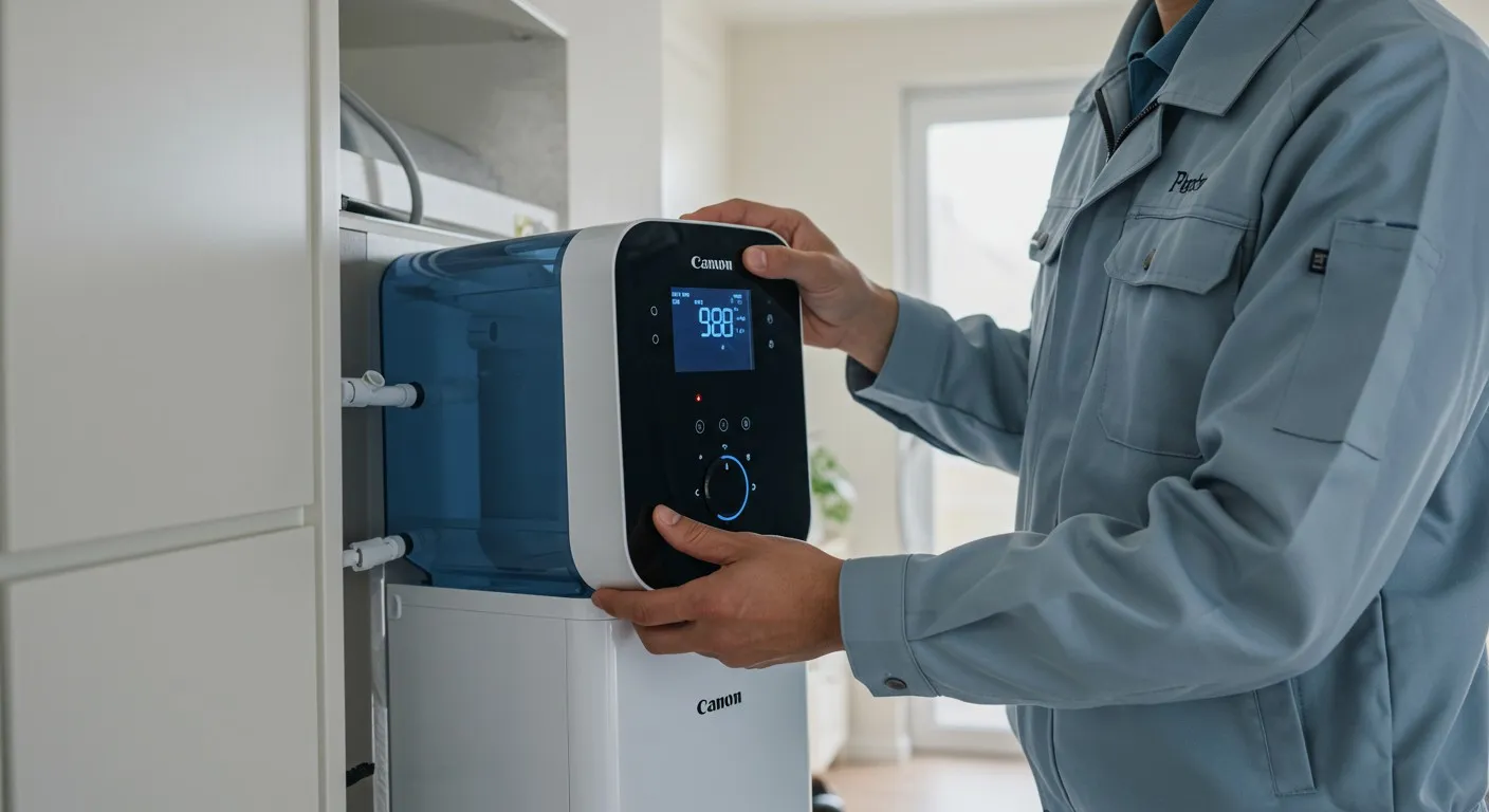 Man installs or services a Canon humidifier.