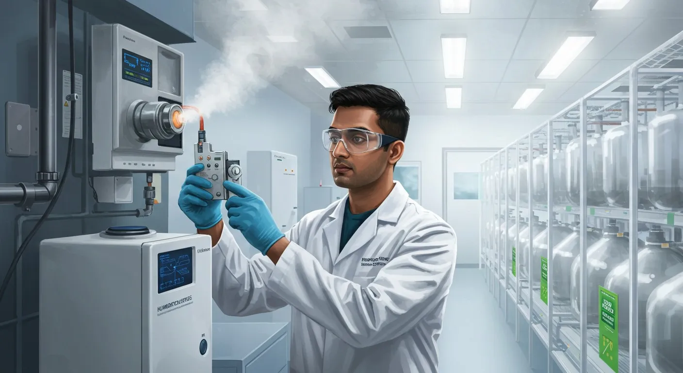 Scientist testing equipment emitting vapor in lab.