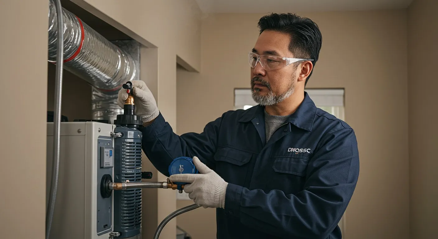Man with glasses adjusting industrial humidifier connection.