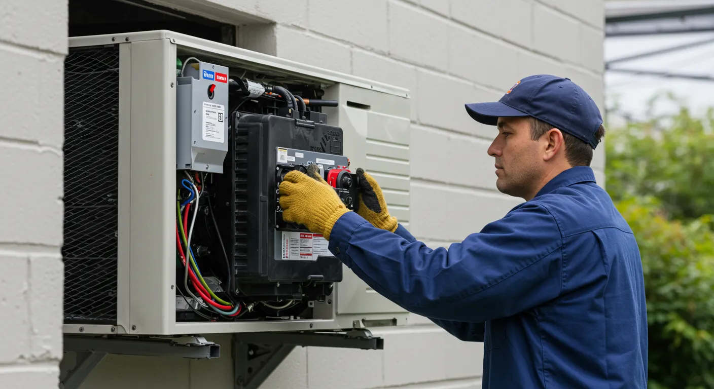 A HVAC Technician using different tools is replacing an old AC with a new one
