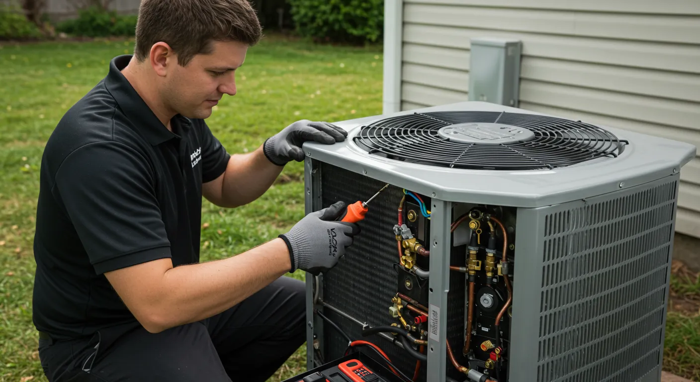 A technician in black uniform is repairing an AC unit using a tool