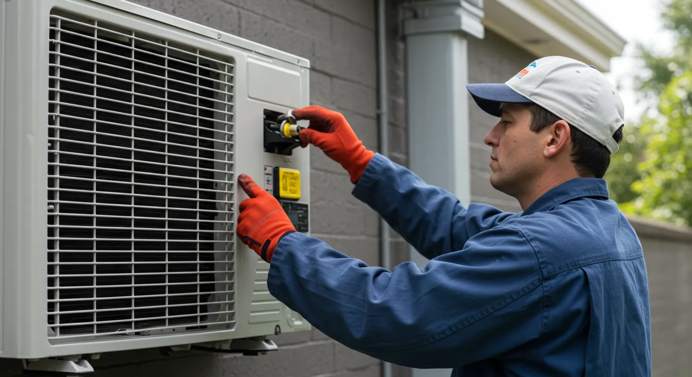 A technician in blue shirt and white cap repairing an outdoor AC UNIT