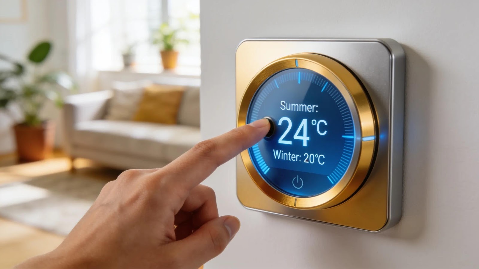 Smart thermostat set to ideal heating and cooling settings with hands adjusting it in a cozy space