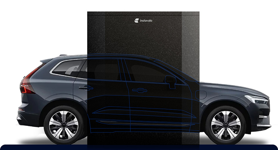 A vehicle scanner from the side with a car and digital outlines of the car.