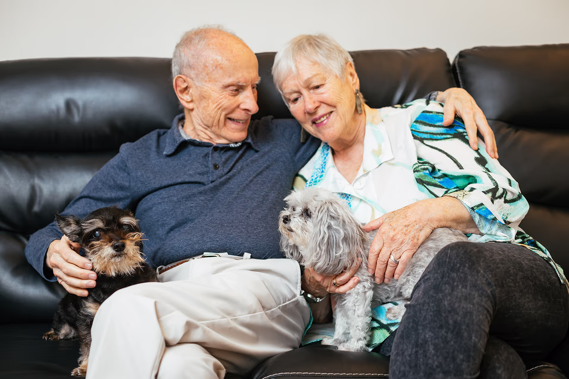 An elderly couple sits on a couch, smiling while holding two small dogs.