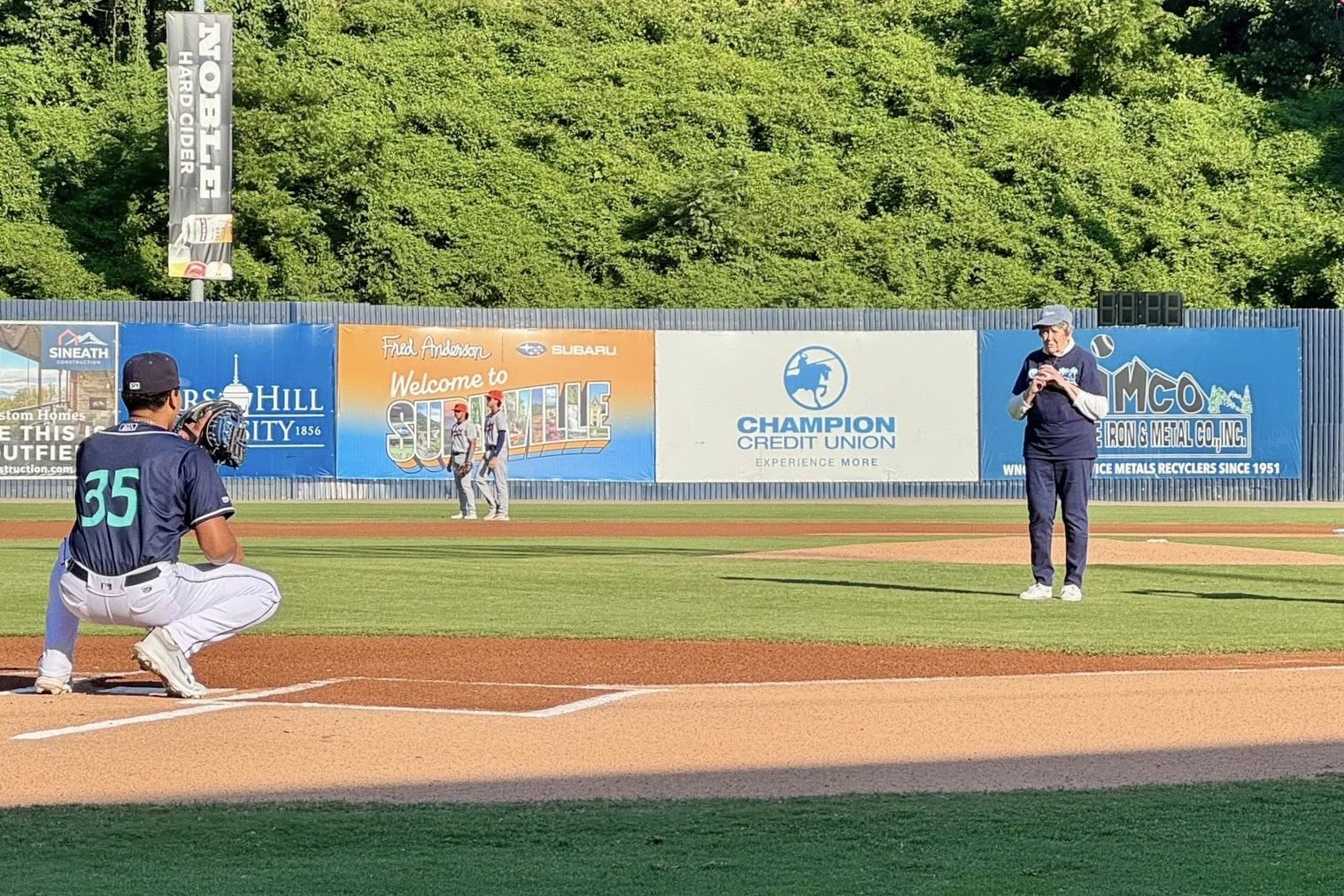 Joy Clark preparing to throw the first pitch at the Asheville Tourists baseball game