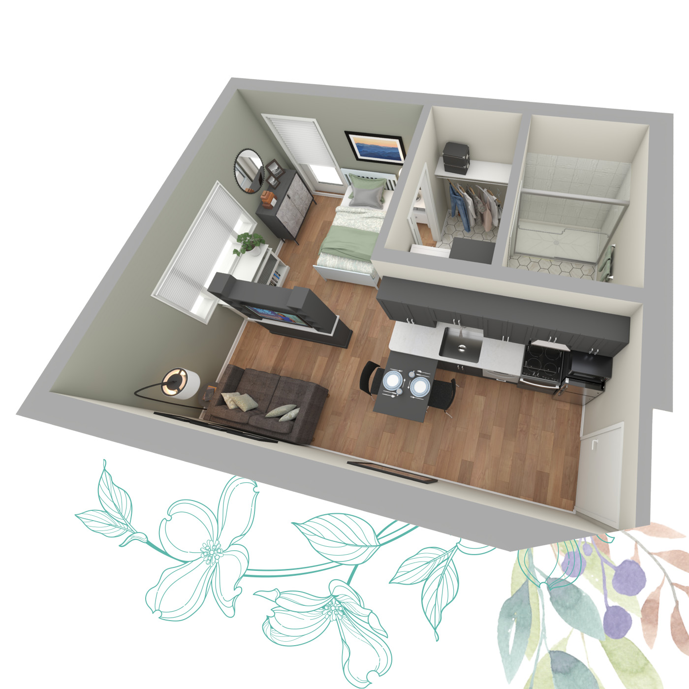 A 3D floor plan showing a small apartment with a bedroom, living area, kitchen, and bathroom.