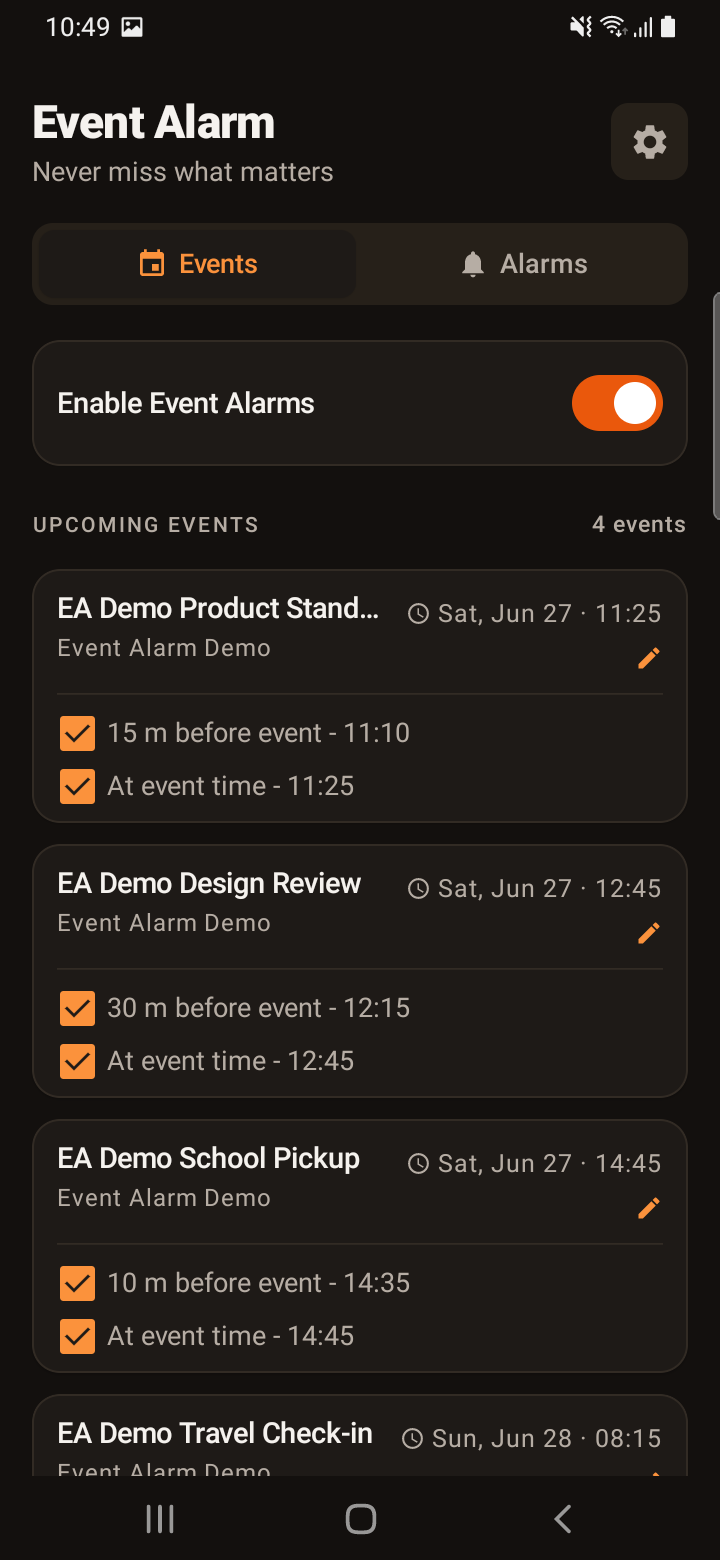 Events list in dark mode