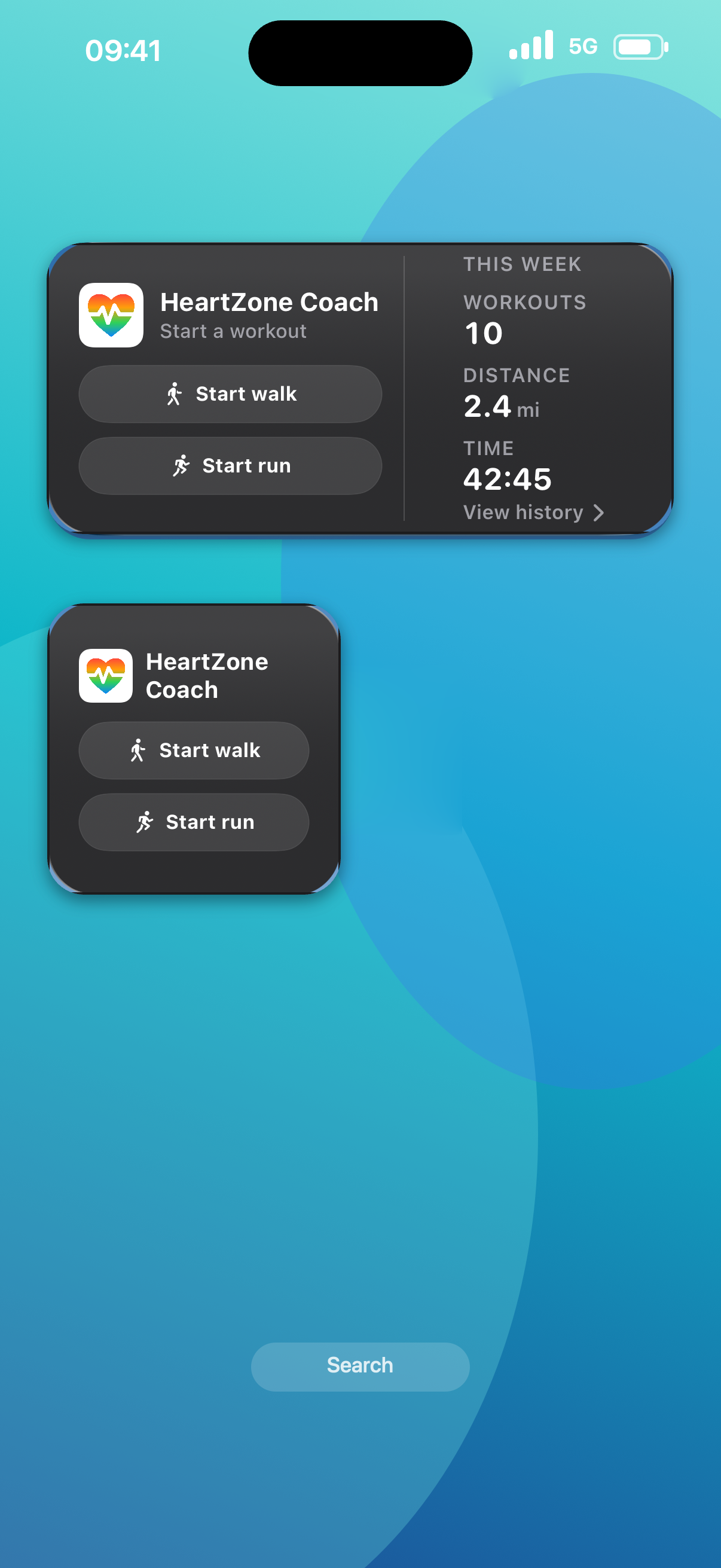 iPhone Home Screen with the HeartZone Coach Medium widget — Start walk and Start run actions beside a weekly summary of 10 workouts, 2.4 mi, and 42:45 — above the Small widget carrying the same two actions.